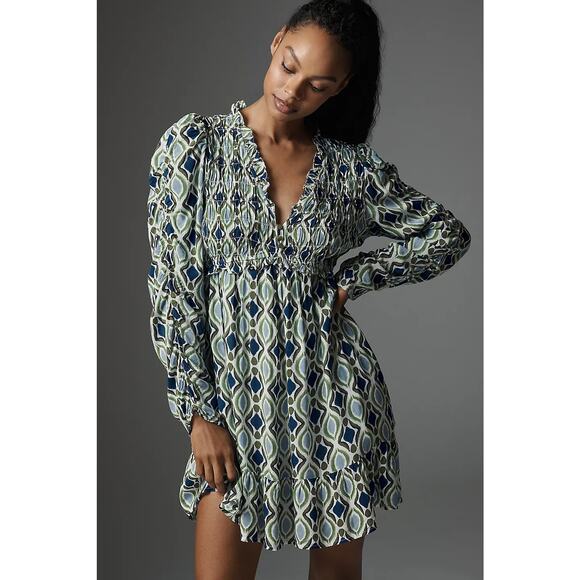 Anthropologie Womens Blue Motif Long-Sleeve V-Neck Ruffle Mini Dress Large - Picture 1 of 13